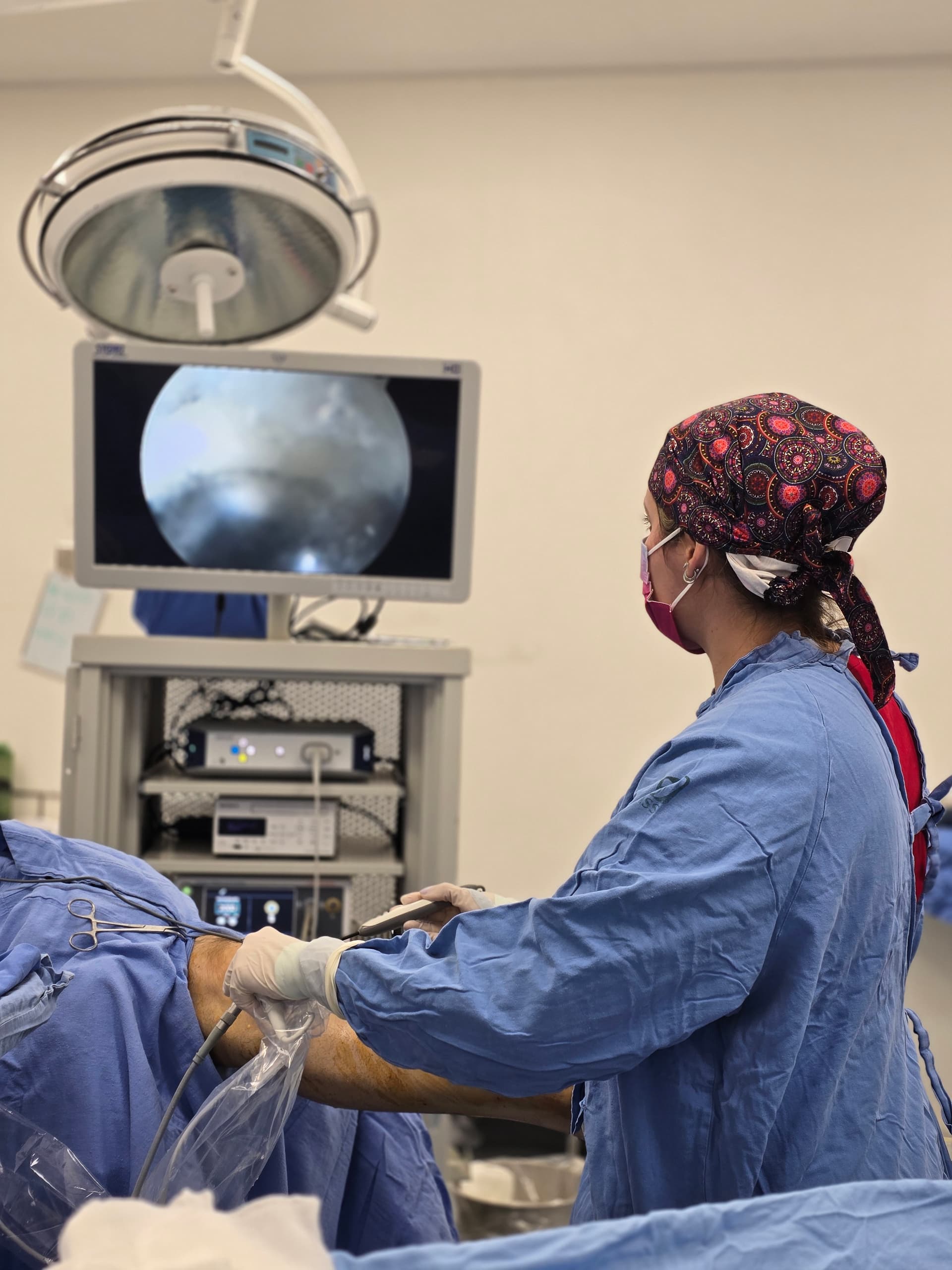 Dra. Mariana Fernández en artroscopia con monitor de imagen — lesiones deportivas